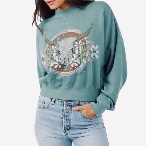 O'Neill Like New Fleece Crew Neck Sweatshirt in Turquoise Skull Print Size M - Picture 1 of 8